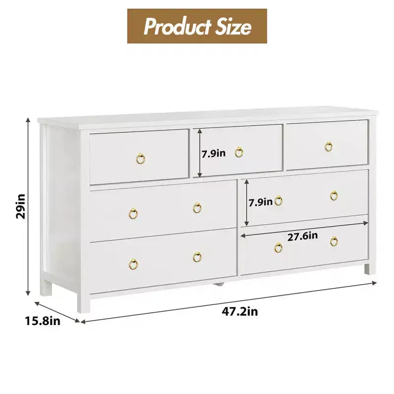 Comò a 7 cassetti, cassettiera moderna in legno, mobile TV con cassetti, organizer in legno con maniglie per camera da letto, soggiorno, corridoio, bianco