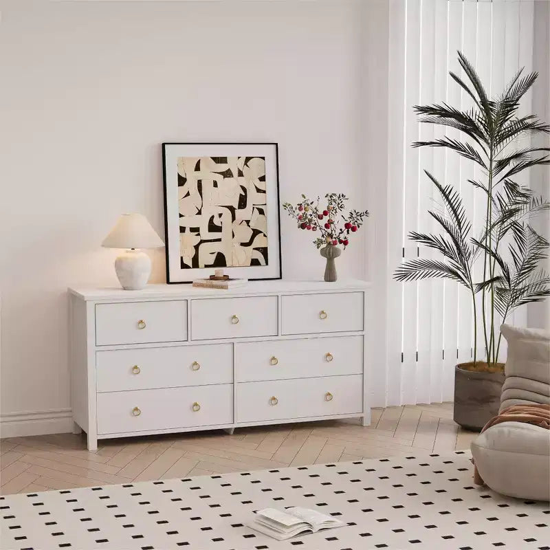 Comò a 7 cassetti, cassettiera moderna in legno, mobile TV con cassetti, organizer in legno con maniglie per camera da letto, soggiorno, corridoio, bianco