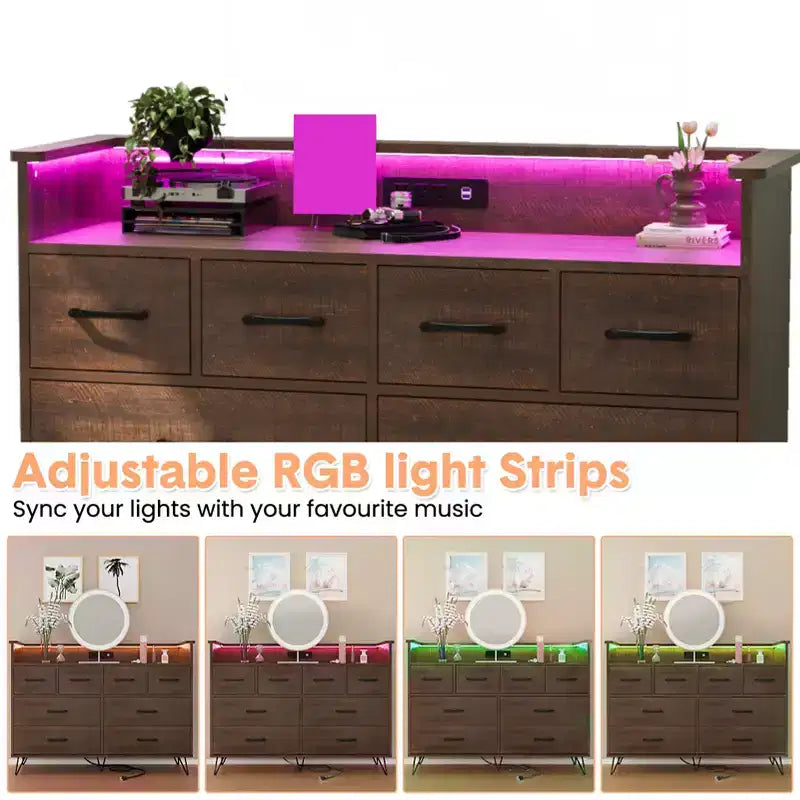 Cassettiera a 8 cassetti, mobile TV da camera da letto con luci a LED e presa di corrente, cassettiera ampia per corridoio, soggiorno, ingresso