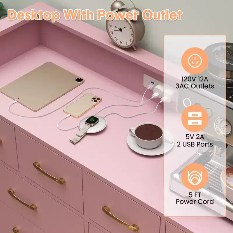 Cassettiera a 8 cassetti, mobile TV da camera da letto con luci a LED e presa di corrente, cassettiera ampia per corridoio, soggiorno, ingresso