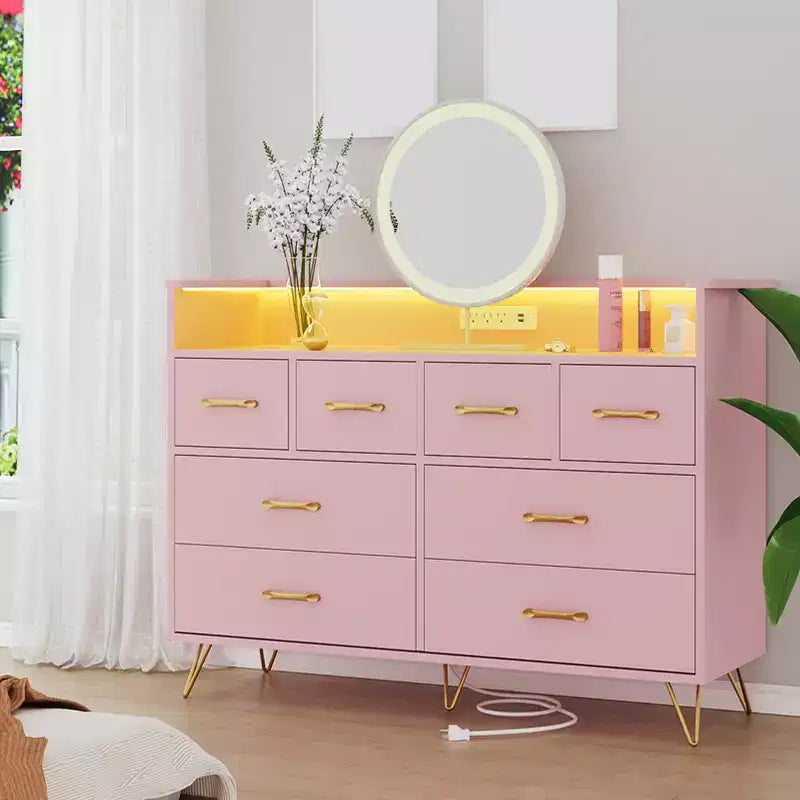 Cassettiera a 8 cassetti, mobile TV da camera da letto con luci a LED e presa di corrente, cassettiera ampia per corridoio, soggiorno, ingresso