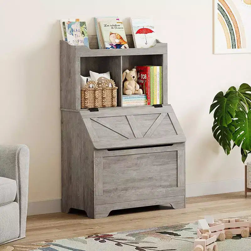 Coolmee 47.8 inch Wooden Kids Bookcase with Flip-Top Lid, Boys Girls Toy Storage Organizer for Playroom, Bedroom, Nursery, and Kindergarten