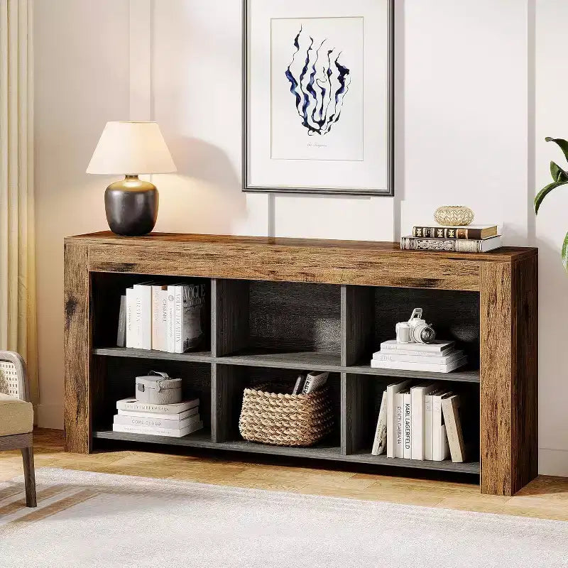 Bibliothèque horizontale Lantine, organiseur de rangement à 6 cubes, longue étagère, large console de rangement pour le bureau à domicile, le salon