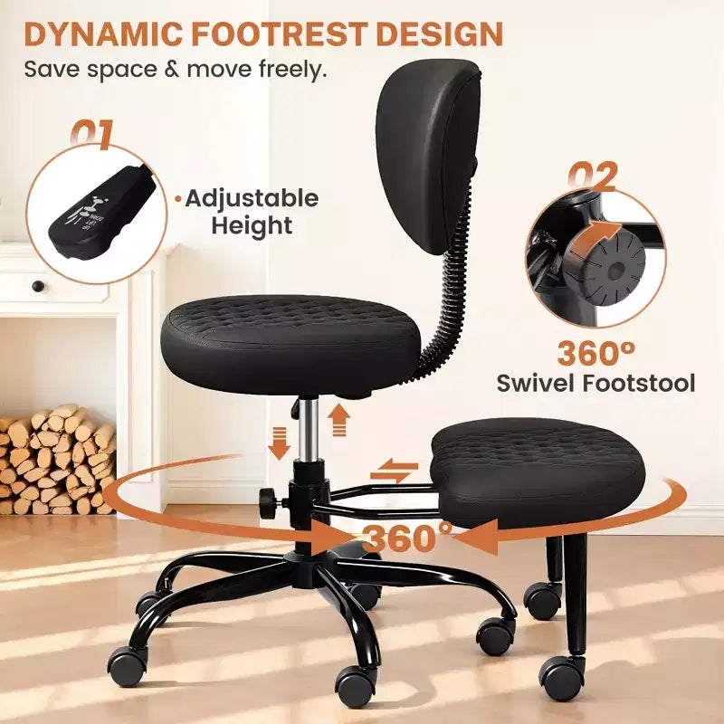Sedia da ufficio a gambe incrociate KERDOM con ruote, sedia da meditazione, sedia da scrivania ADHD per adulti, nera
