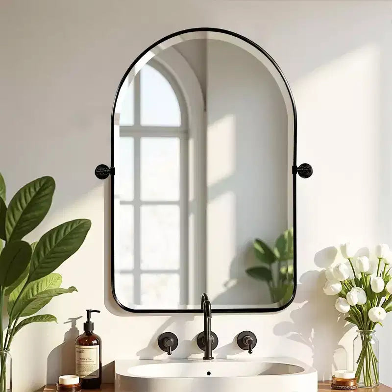 PexFix 32 x 23 Wrought Iron Rounded Arch Black Pivot Wall Mirror Tilting Bathroom Vanity Mirror Metal Framed Adjustable for Bedroom Living Room
