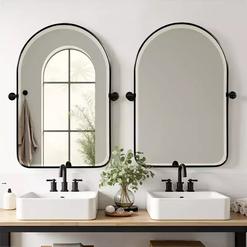 PexFix 32 x 23 Specchio da parete con perno ad arco arrotondato in ferro battuto nero, specchio da bagno inclinabile con cornice in metallo regolabile per camera da letto e soggiorno