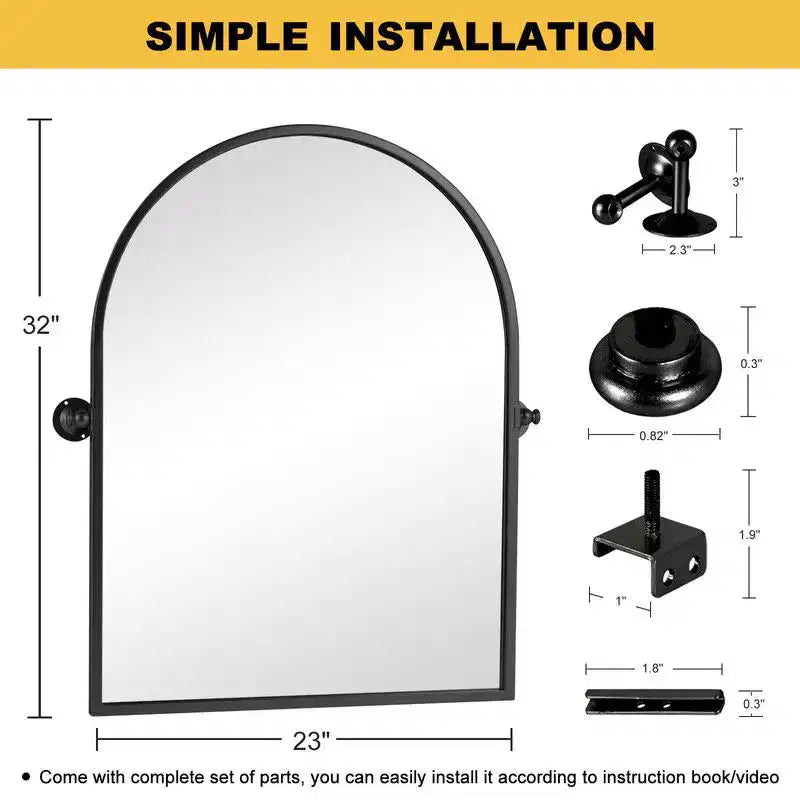 PexFix 32 x 23 Specchio da parete con perno ad arco arrotondato in ferro battuto nero, specchio da bagno inclinabile con cornice in metallo regolabile per camera da letto e soggiorno