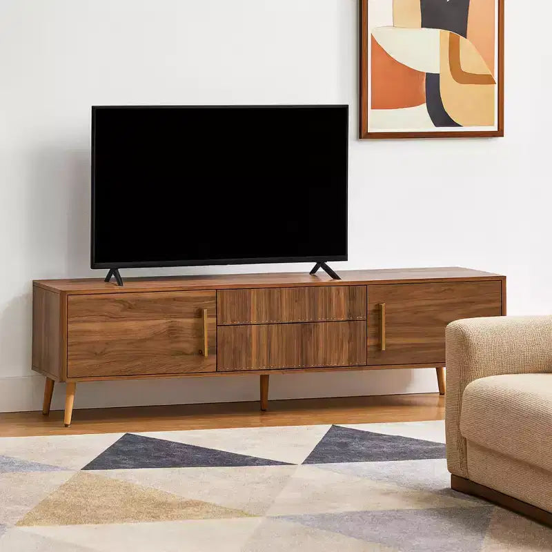 Meuble TV Homy Casa Mid-Century Noyer avec Cadre Massif et Rangement Fermé pour Salon