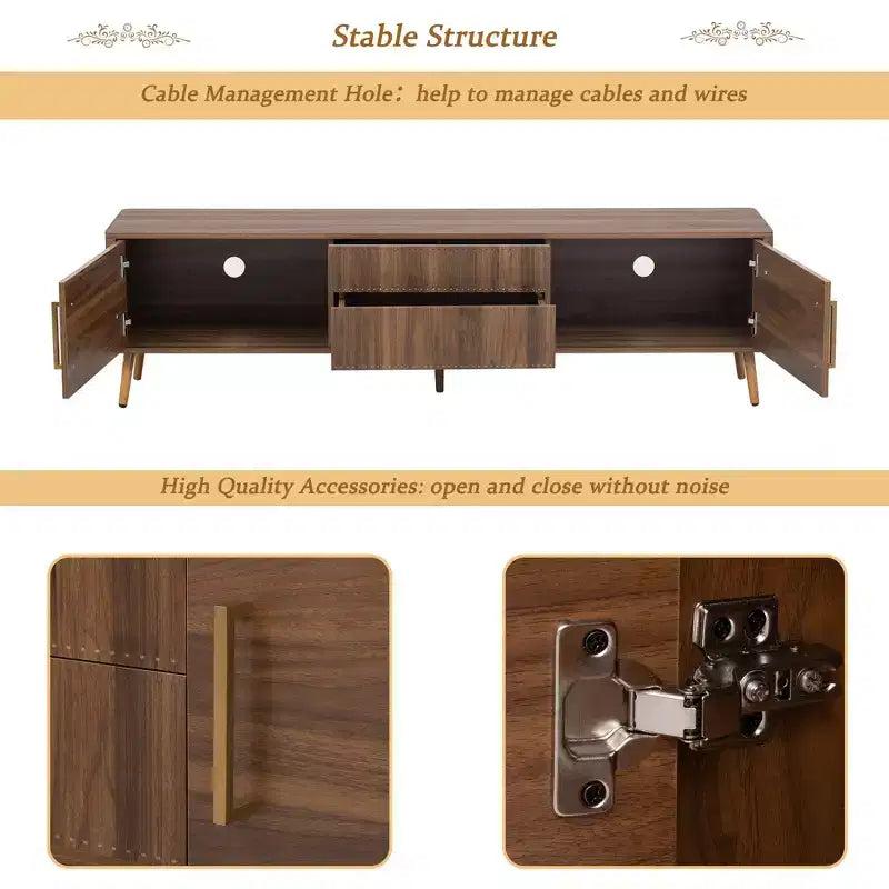 Meuble TV Homy Casa Mid-Century Noyer avec Cadre Massif et Rangement Fermé pour Salon