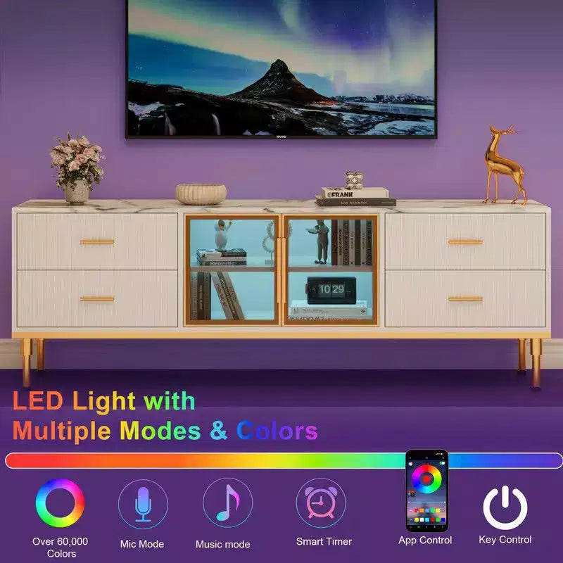 Mobile TV Illuminato a LED per Televisori da 55-75 Pollici, Centro Intrattenimento Moderno con Cassetti e Ripiani, Ante in Vetro, Arredamento Soggiorno