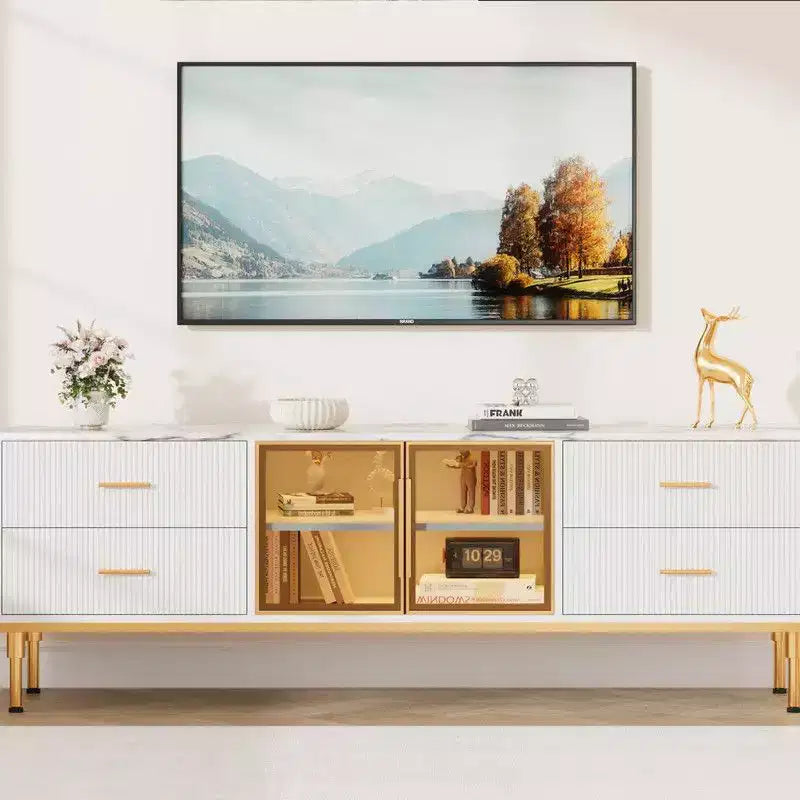 Mobile TV Illuminato a LED per Televisori da 55-75 Pollici, Centro Intrattenimento Moderno con Cassetti e Ripiani, Ante in Vetro, Arredamento Soggiorno