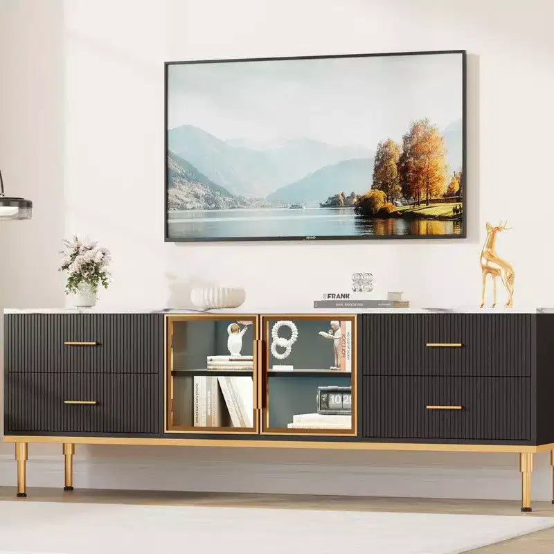 Mobile TV Illuminato a LED per Televisori da 55-75 Pollici, Centro Intrattenimento Moderno con Cassetti e Ripiani, Ante in Vetro, Arredamento Soggiorno