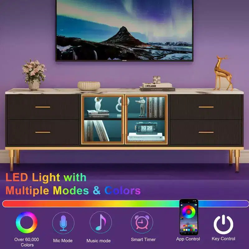 Mobile TV Illuminato a LED per Televisori da 55-75 Pollici, Centro Intrattenimento Moderno con Cassetti e Ripiani, Ante in Vetro, Arredamento Soggiorno