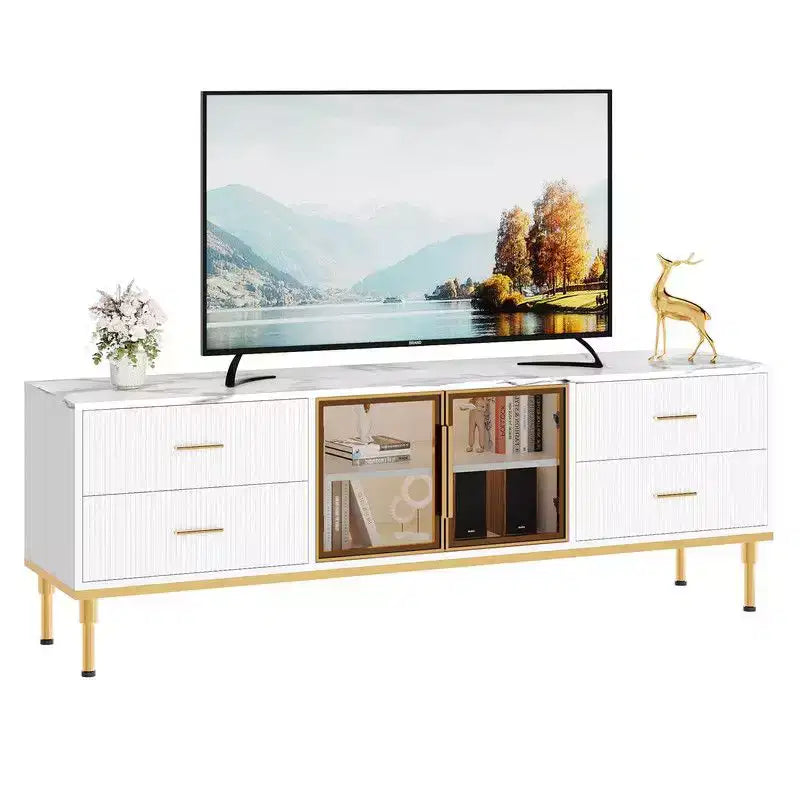 Mobile TV Illuminato a LED per Televisori da 55-75 Pollici, Centro Intrattenimento Moderno con Cassetti e Ripiani, Ante in Vetro, Arredamento Soggiorno