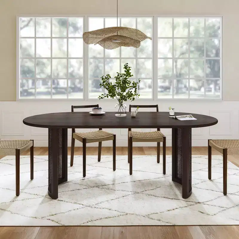 Tavolo da pranzo 67 con base in rattan, adatto per cucina-sala da pranzo per 6 persone
