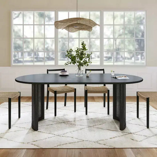 Tavolo da pranzo 67 con base in rattan, adatto per cucina-sala da pranzo per 6 persone