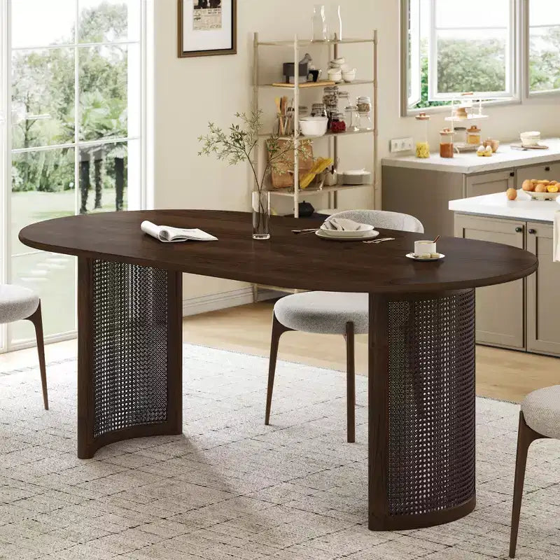 Tavolo da pranzo 67 con base in rattan, adatto per cucina-sala da pranzo per 6 persone