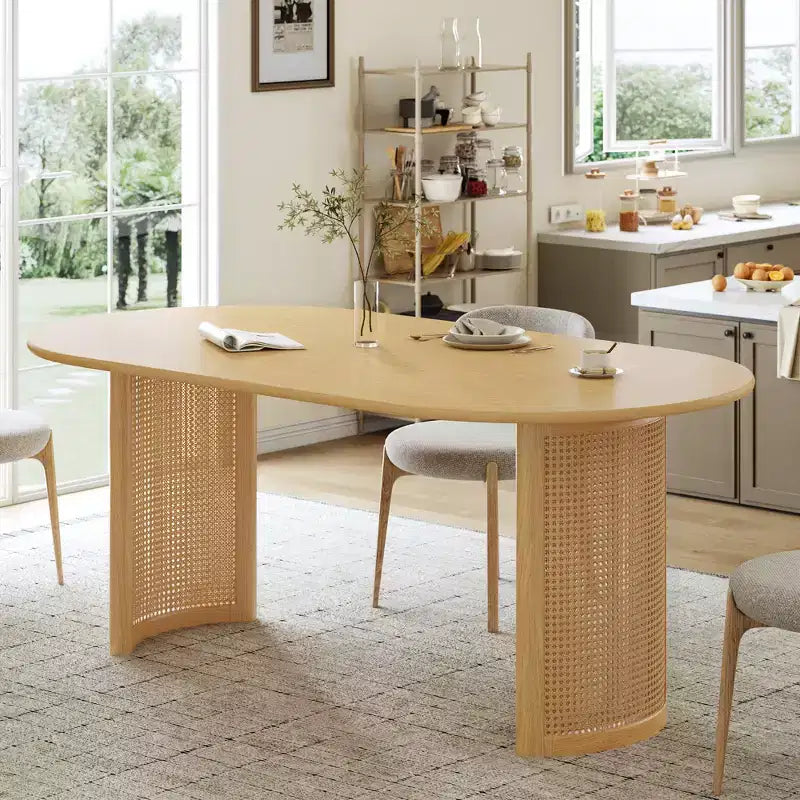 Tavolo da pranzo 67 con base in rattan, adatto per cucina-sala da pranzo per 6 persone