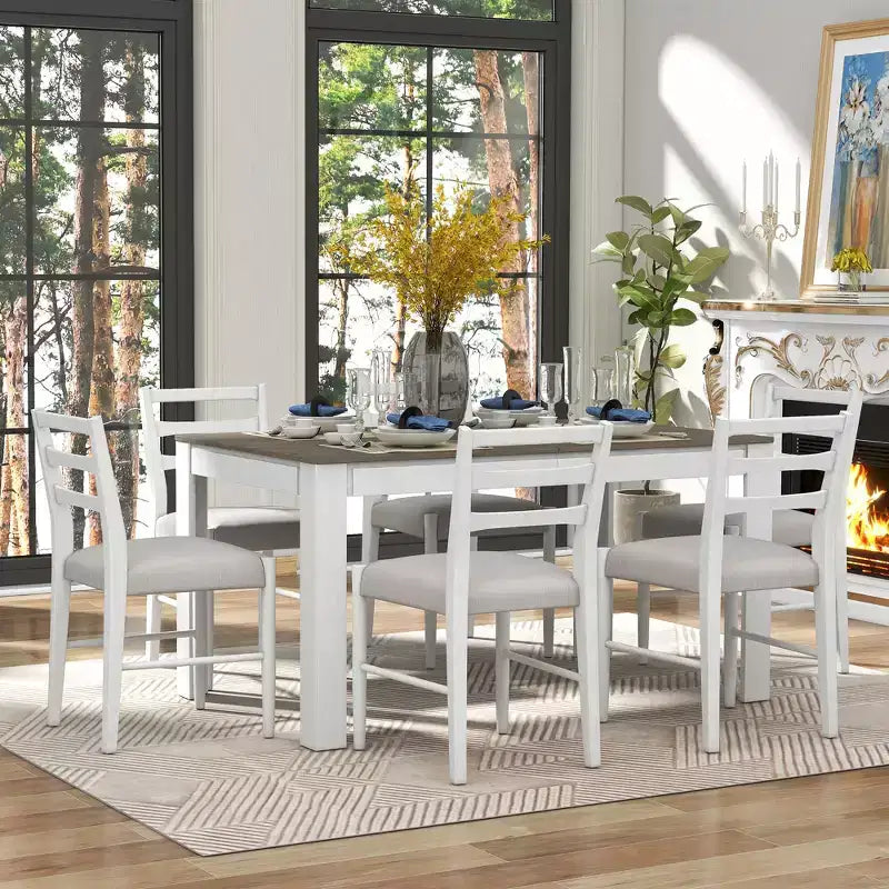 GDFStudio Louisa Set da Pranzo in Legno Estensibile da 7 Pezzi con Sedie Imbottite
