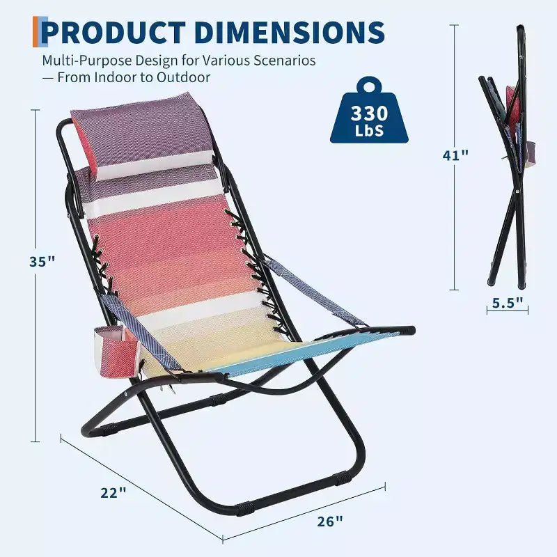 Sedie a Sdraio per Adulti, Sedia Pieghevole Portatile con Poggiatesta e Portabicchieri, Sedie da Campeggio per Spiaggia e Giardino, Supporta Fino a 113 kg