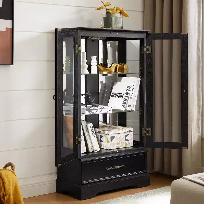 Vetrinetta in vetro illuminata con ripiani regolabili - Elegante vetrina a 2 ante e cassetto integrato, lampadina inclusa