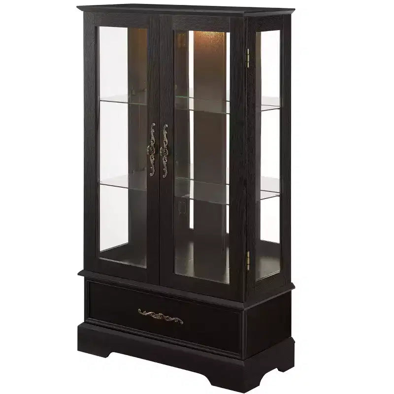 Vetrinetta in vetro illuminata con ripiani regolabili - Elegante vetrina a 2 ante e cassetto integrato, lampadina inclusa