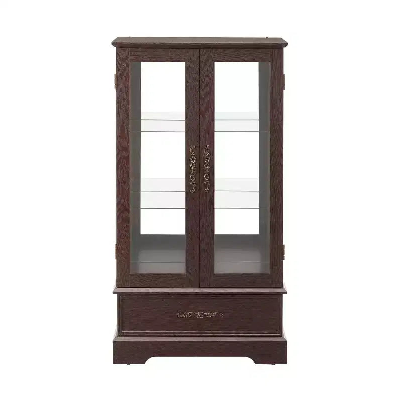 Vetrinetta in vetro illuminata con ripiani regolabili - Elegante vetrina a 2 ante e cassetto integrato, lampadina inclusa