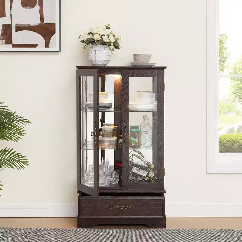 Vetrinetta in vetro illuminata con ripiani regolabili - Elegante vetrina a 2 ante e cassetto integrato, lampadina inclusa