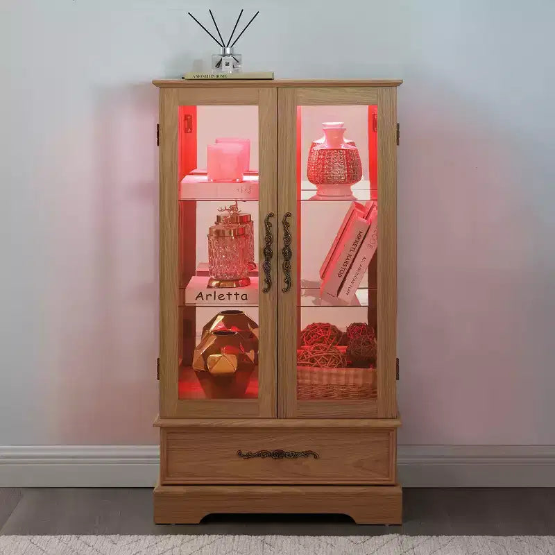 Vetrinetta in vetro illuminata con ripiani regolabili - Elegante vetrina a 2 ante e cassetto integrato, lampadina inclusa