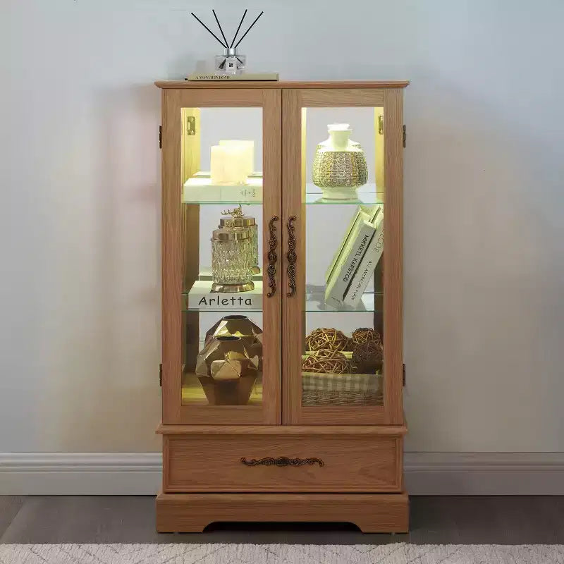 Vetrinetta in vetro illuminata con ripiani regolabili - Elegante vetrina a 2 ante e cassetto integrato, lampadina inclusa