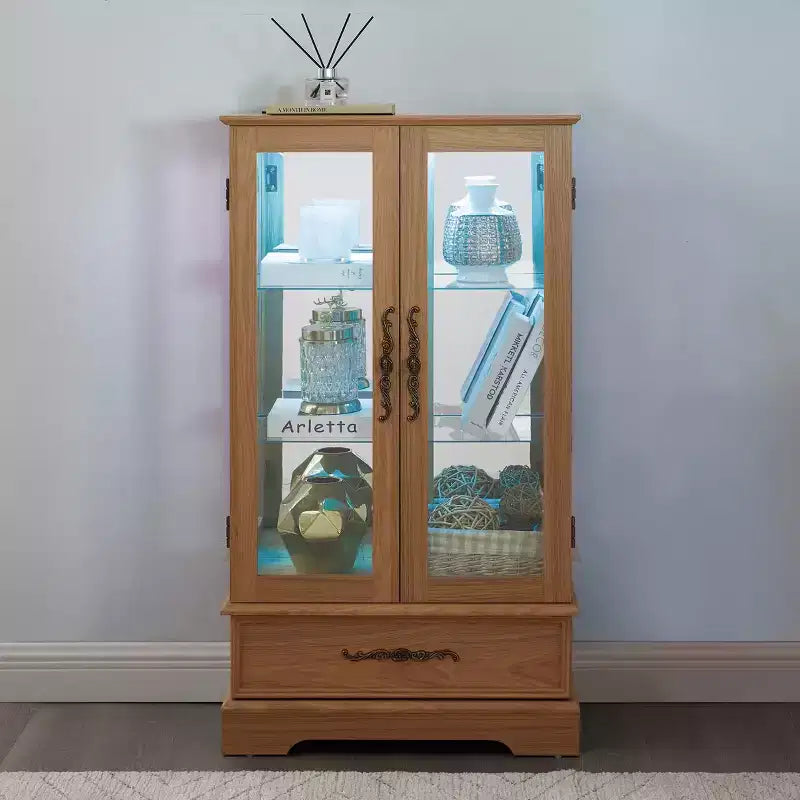 Vetrinetta in vetro illuminata con ripiani regolabili - Elegante vetrina a 2 ante e cassetto integrato, lampadina inclusa