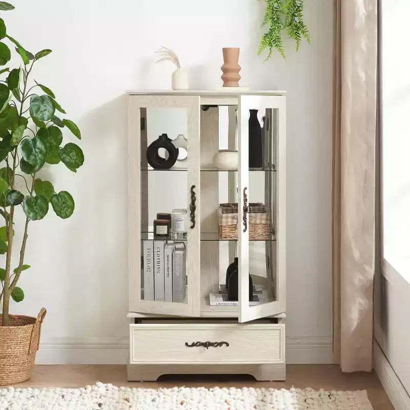 Vetrinetta in vetro illuminata con ripiani regolabili - Elegante vetrina a 2 ante e cassetto integrato, lampadina inclusa