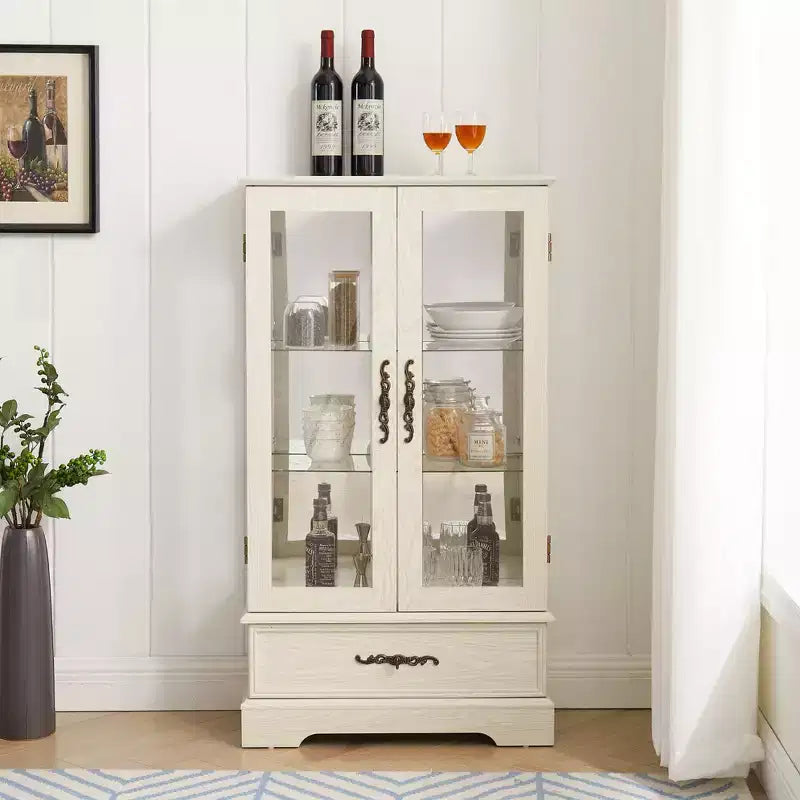 Vetrinetta in vetro illuminata con ripiani regolabili - Elegante vetrina a 2 ante e cassetto integrato, lampadina inclusa