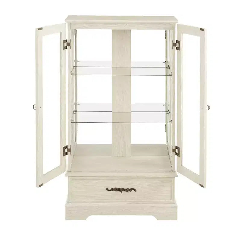 Vetrinetta in vetro illuminata con ripiani regolabili - Elegante vetrina a 2 ante e cassetto integrato, lampadina inclusa