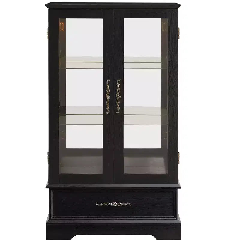 Vetrinetta in vetro illuminata con ripiani regolabili - Elegante vetrina a 2 ante e cassetto integrato, lampadina inclusa