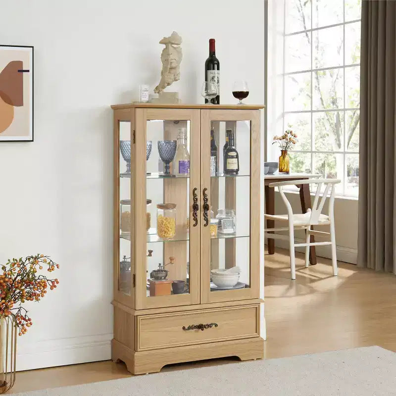 Vetrinetta in vetro illuminata con ripiani regolabili - Elegante vetrina a 2 ante e cassetto integrato, lampadina inclusa