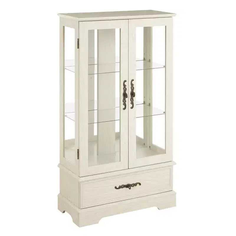 Vetrinetta in vetro illuminata con ripiani regolabili - Elegante vetrina a 2 ante e cassetto integrato, lampadina inclusa