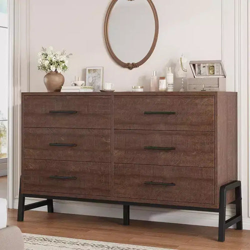 52 Wide 6-Drawer Dresser, Large Storage Wood Chest for Bedroom, Freestanding Closet Organizer for Living Room & Entryway