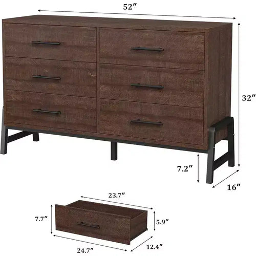 Commode 6 tiroirs de 132 cm de large, Grande commode de rangement en bois pour chambre à coucher, Organisateur de placard autoportant pour salon et entrée