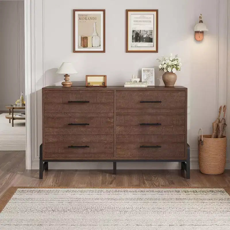 Cassettiera a 6 cassetti larga 52", Comò in legno per camera da letto con grande capacità, Organizer autoportante per armadio per soggiorno e ingresso