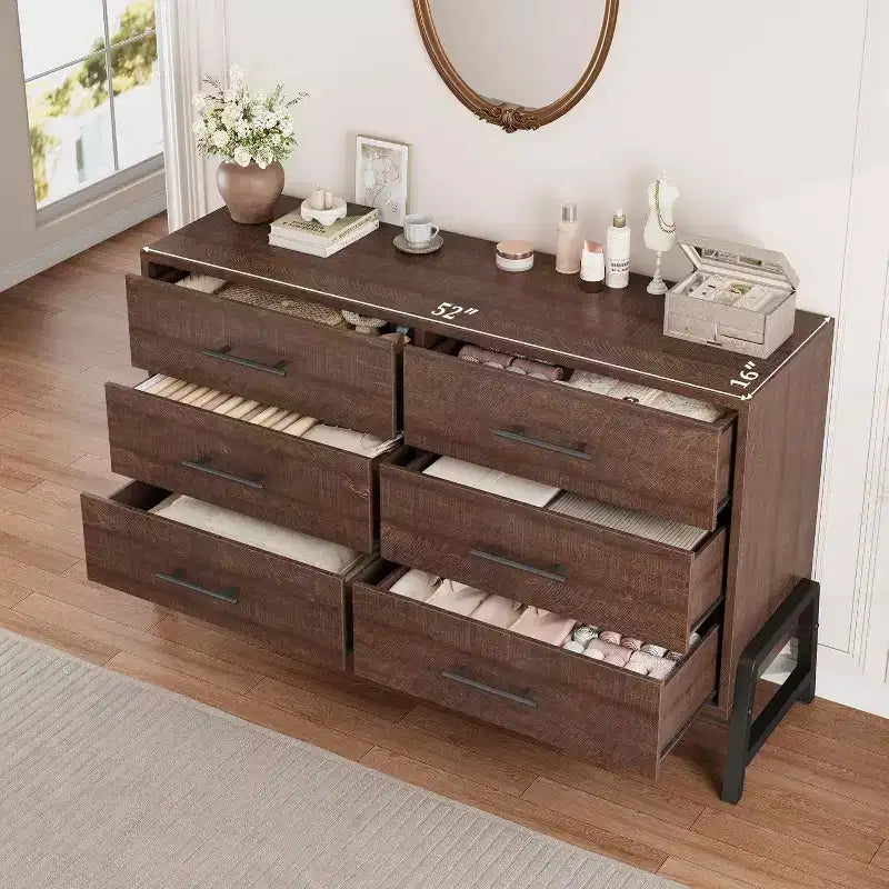 Cassettiera a 6 cassetti larga 52", Comò in legno per camera da letto con grande capacità, Organizer autoportante per armadio per soggiorno e ingresso