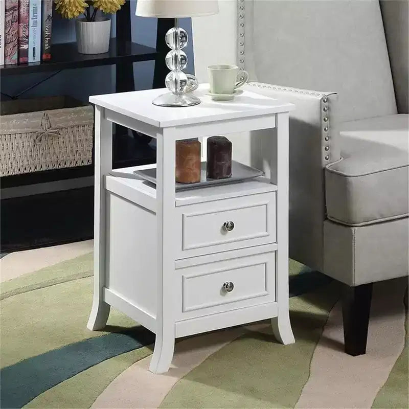 HomeStock Belmont Tavolino Finale di Transizione Elegante con Due Cassetti, Ripiano Aperto, Pomelli in Peltro e Gambe a Sciabola per Riporre Oggetti in Salotto