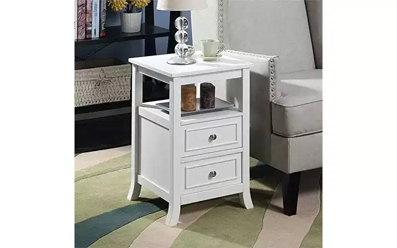HomeStock Belmont Tavolino Finale di Transizione Elegante con Due Cassetti, Ripiano Aperto, Pomelli in Peltro e Gambe a Sciabola per Riporre Oggetti in Salotto