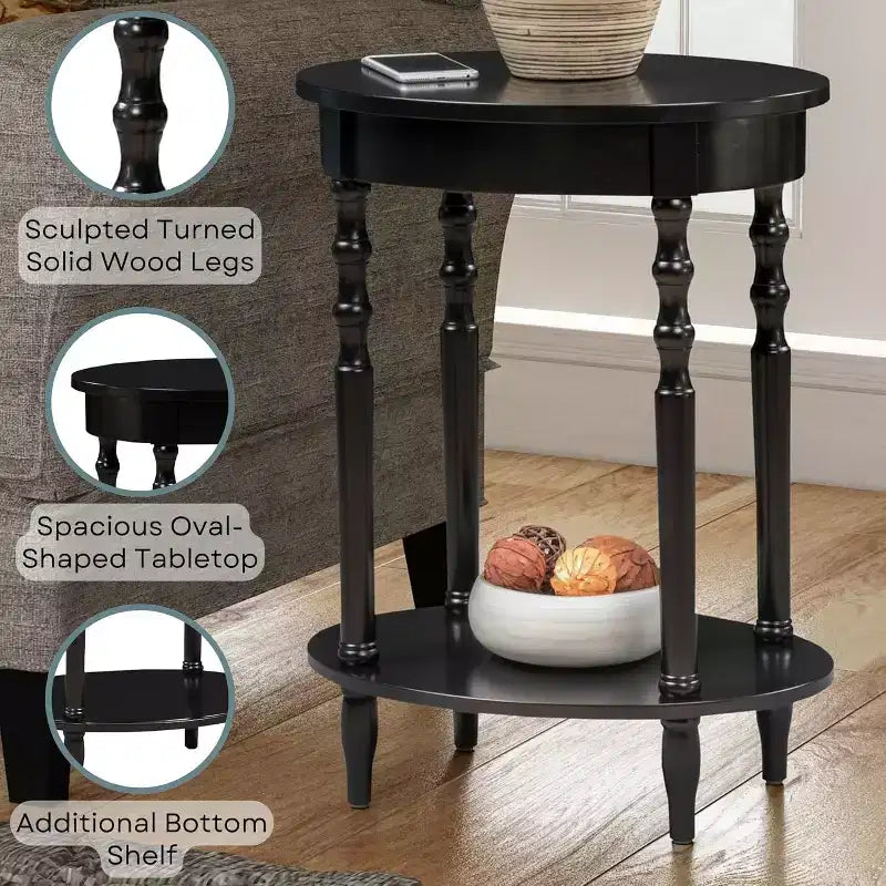Tavolino ovale HomeStock Belmont da 52 cm, tavolino decorativo tradizionale in legno massello con ripiano inferiore per soggiorno o ufficio