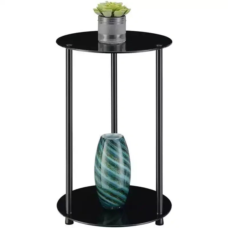HomeStock Belmont Tavolino da Divano Rotondo a 2 Livelli in Vetro, Tavolino d'Appoggio Contemporaneo con Ripiani in Vetro Temperato e Gambe in Acciaio Inossidabile
