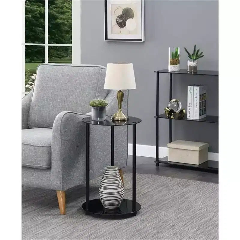 HomeStock Belmont Tavolino da Divano Rotondo a 2 Livelli in Vetro, Tavolino d'Appoggio Contemporaneo con Ripiani in Vetro Temperato e Gambe in Acciaio Inossidabile