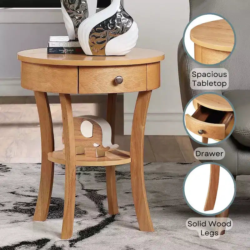 Tavolino finale con 1 cassetto e ripiano HomeStock Belmont, tavolino d'accento in legno di gomma con cassetto portaoggetti nascosto e ripiano inferiore per soggiorno