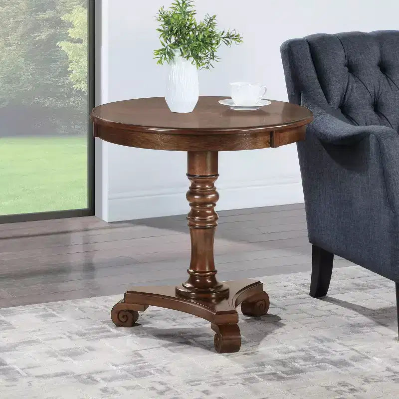 HomeStock Belmont Pedestal End Table Solid Wood Veneer Finish with Turned Body Scroll Feet Traditional Accent Table for Any Room
