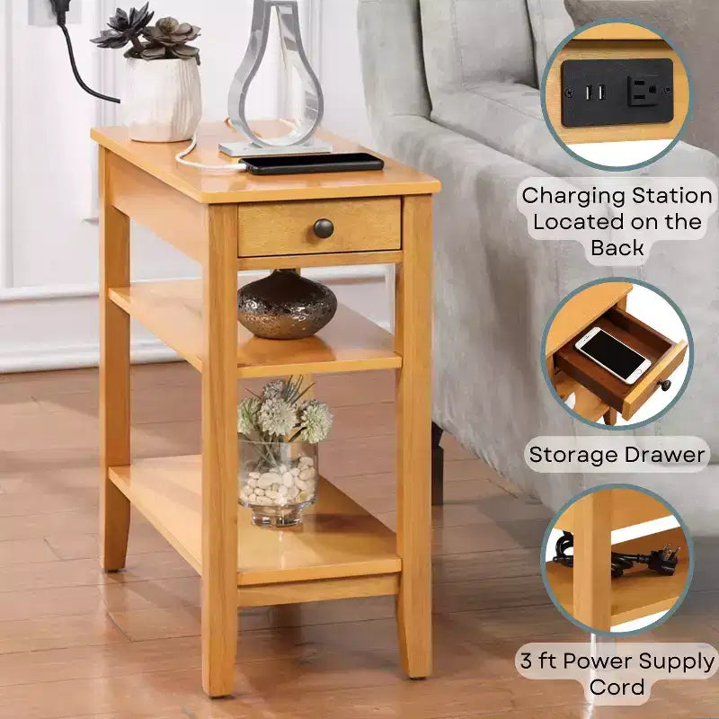 HomeStock Belmont - Tavolino con un cassetto, porte USB, presa elettrica e ripiani, funzionale tavolino contenitore con stazione di ricarica