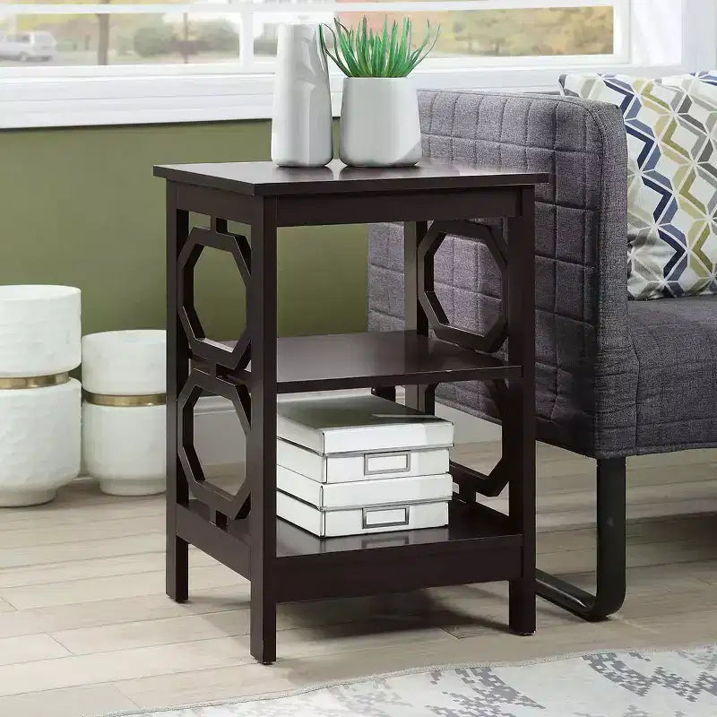 HomeStock Belmont End Table with Octagon Cutouts and Three Tier Shelving, Sleek Contemporary Side Table for Storage and Dcor in Any Room of Home
